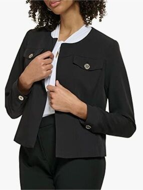 NEW! Tommy Hilfiger Black Collarless Button-Front Cropped Blazer 14